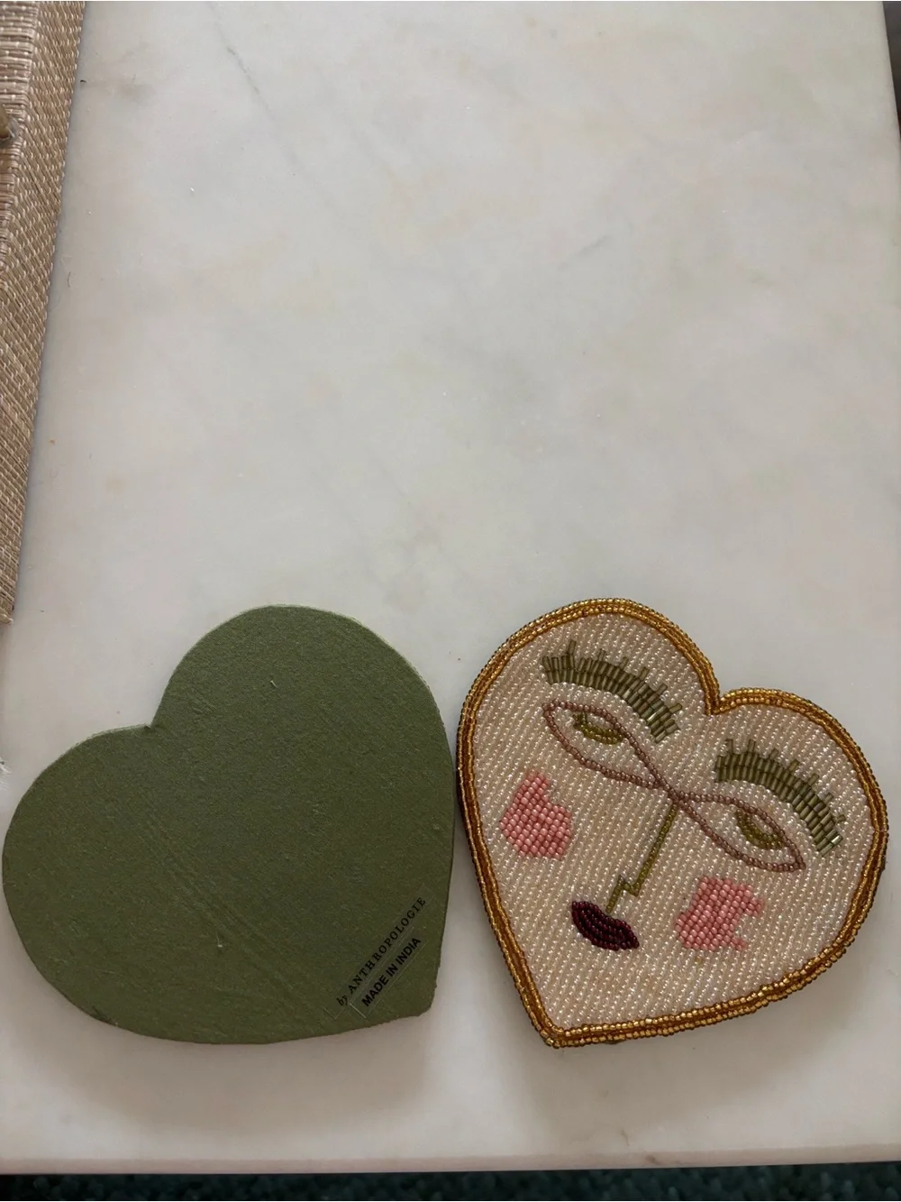 Anthropologie Beaded Heart Coaster Pink & Gold